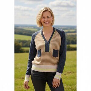 HOSS INTROPIA Gray/Camel Stripe Alpaca Blend Zip Sweater Size Small